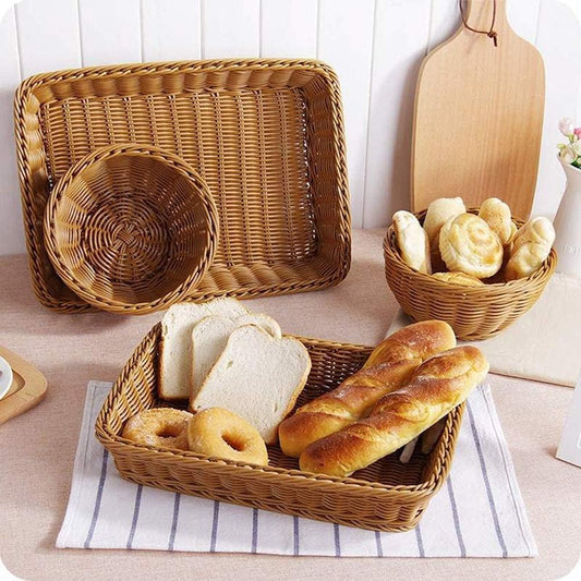 Dluxe Ave. 2 Pack Poly Wicker Woven Bread Basket 16 Inch Rectangular Fruit Baskets Brown