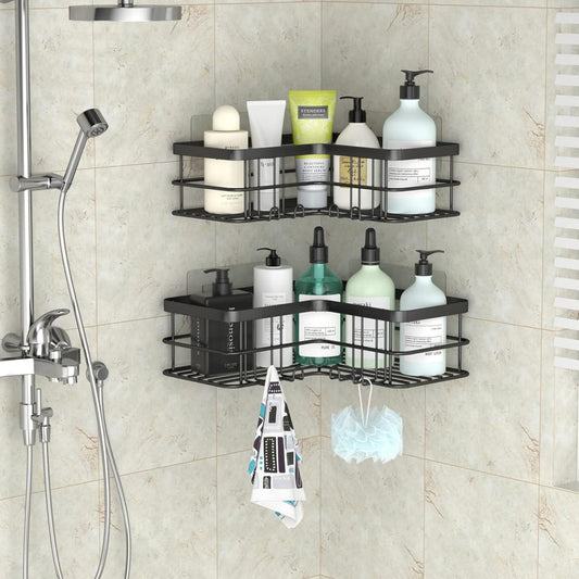 Dluxe Ave. Corner Shower Caddy Adhesive Shower Shelves, No Drilling, 2-Pack, Rustproof Stainless Steel, Shower Organizer, Wall Mounted with 8 Hooks (Black)