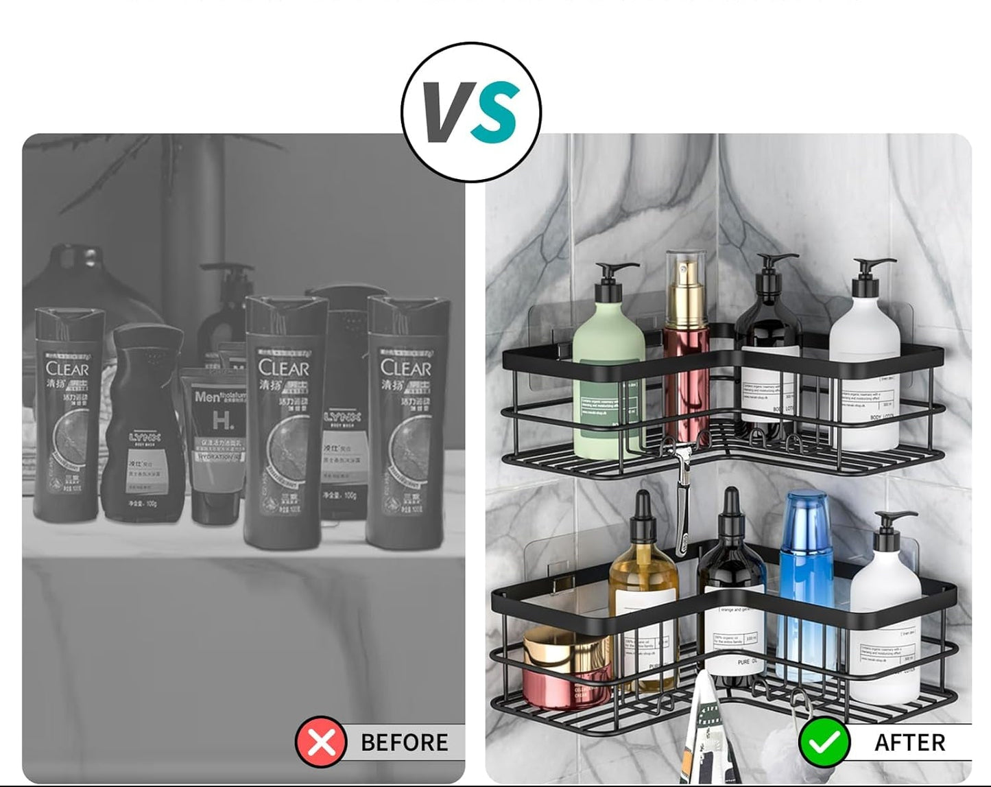 Dluxe Ave. Corner Shower Caddy Adhesive Shower Shelves, No Drilling, 2-Pack, Rustproof Stainless Steel, Shower Organizer, Wall Mounted with 8 Hooks (Black)
