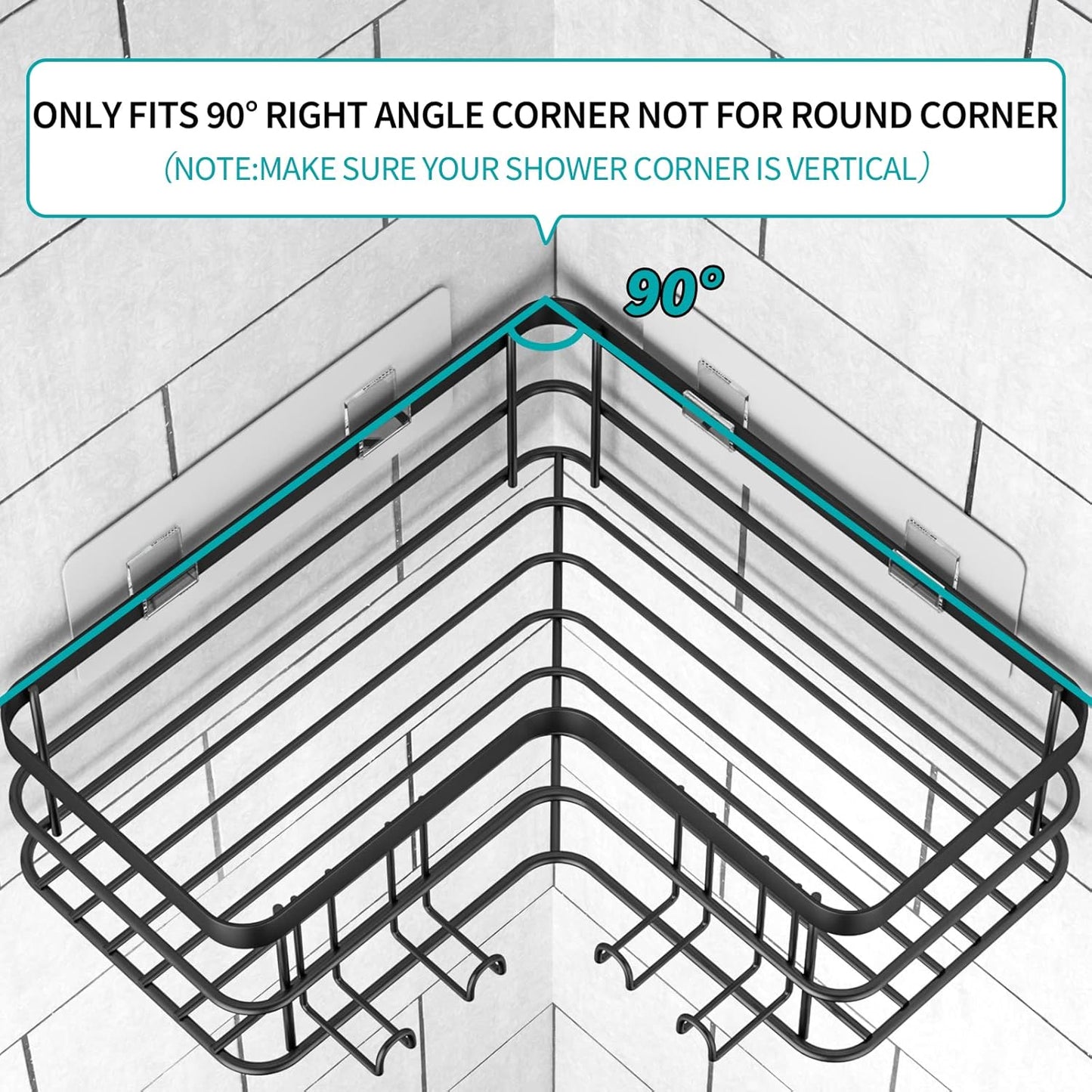 Dluxe Ave. Corner Shower Caddy Adhesive Shower Shelves, No Drilling, 2-Pack, Rustproof Stainless Steel, Shower Organizer, Wall Mounted with 8 Hooks (Black)