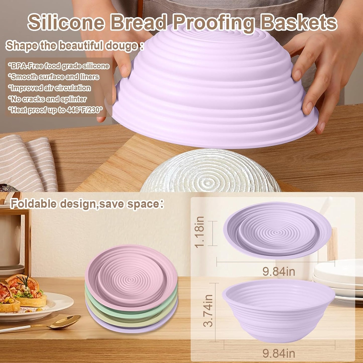 Dluxe Ave. 4Pcs Silicone Bread Proofing Baskets 9" Collapsible Sourdough Bread Baking Supplies -BPA Free