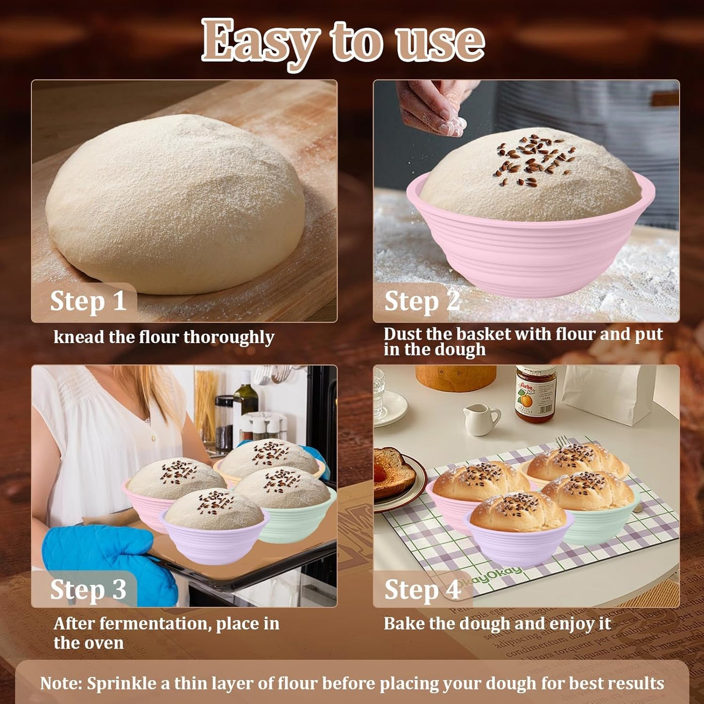 Dluxe Ave. 4Pcs Silicone Bread Proofing Baskets 9" Collapsible Sourdough Bread Baking Supplies -BPA Free
