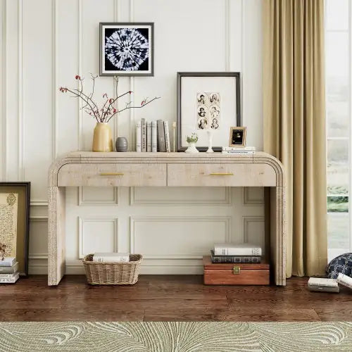 Dluxe Ave. Unique Retro Silhouette Entryway Table With Open Design And Two Top Drawers For Entrance, Dining Room, Living Room