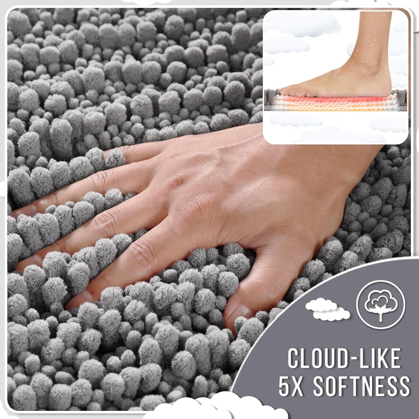 Dluxe Ave. Yimobra Bathroom Toilet Rugs Sets 3 Piece Extra Soft Absorbent Chenille Bath Mat Set  Bathroom Shower and Tub Non Slip Grey