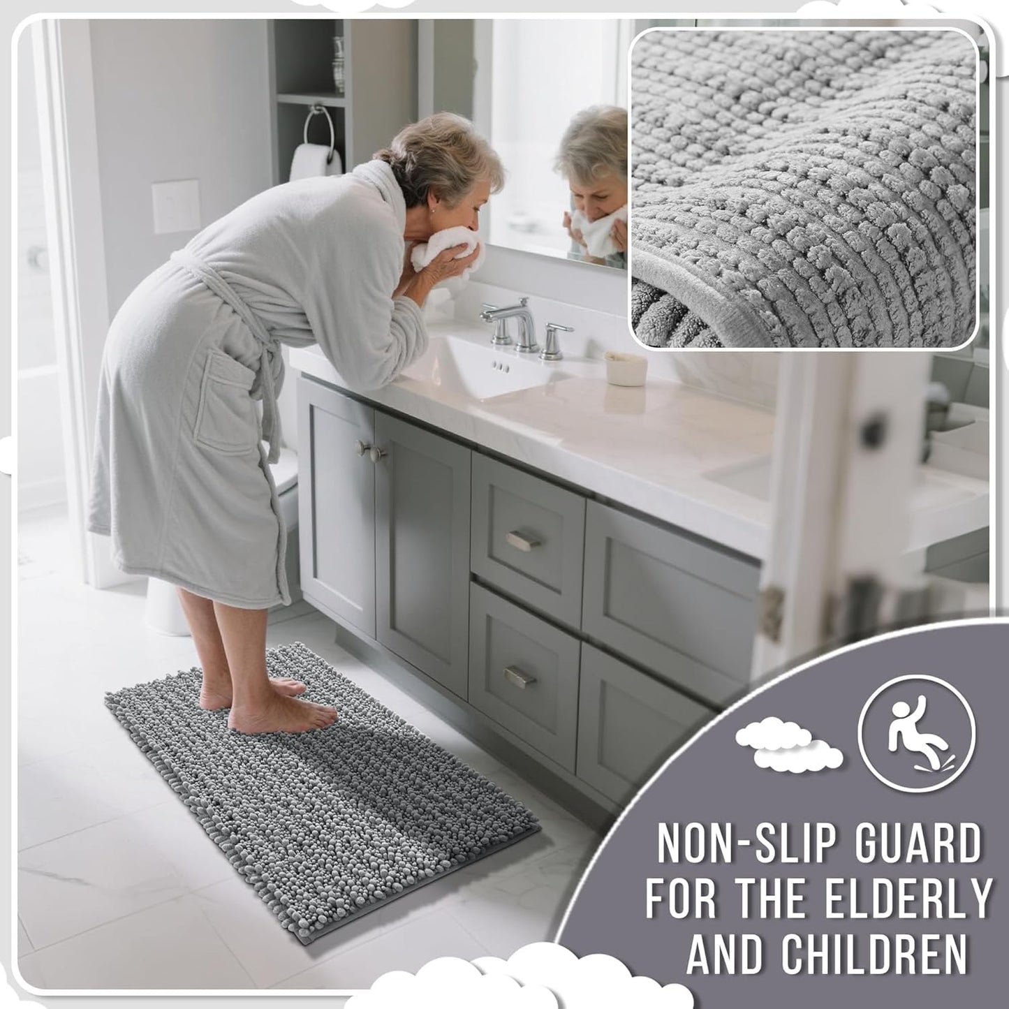 Dluxe Ave. Yimobra Bathroom Toilet Rugs Sets 3 Piece Extra Soft Absorbent Chenille Bath Mat Set  Bathroom Shower and Tub Non Slip Grey