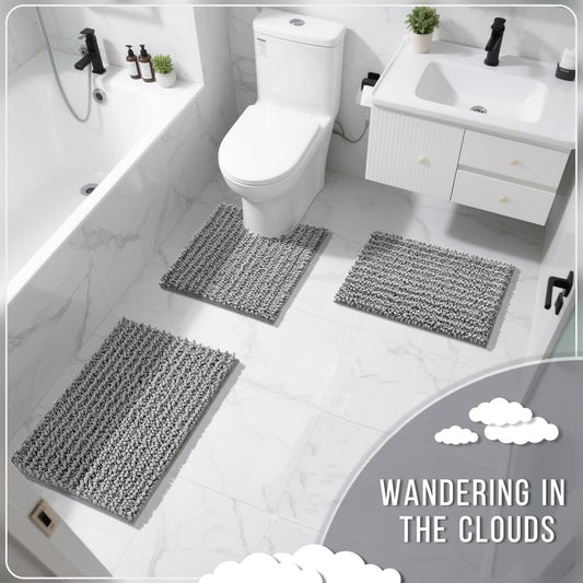 Dluxe Ave. Bathroom Toilet Rugs Sets 3 Piece/ Extra Soft Absorbent Chenille /Grey