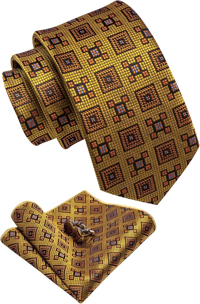 Dluxe Ave. 2.75 Skinny Ties for Men Silk Gold Plaid Tie and Pocket Square Set