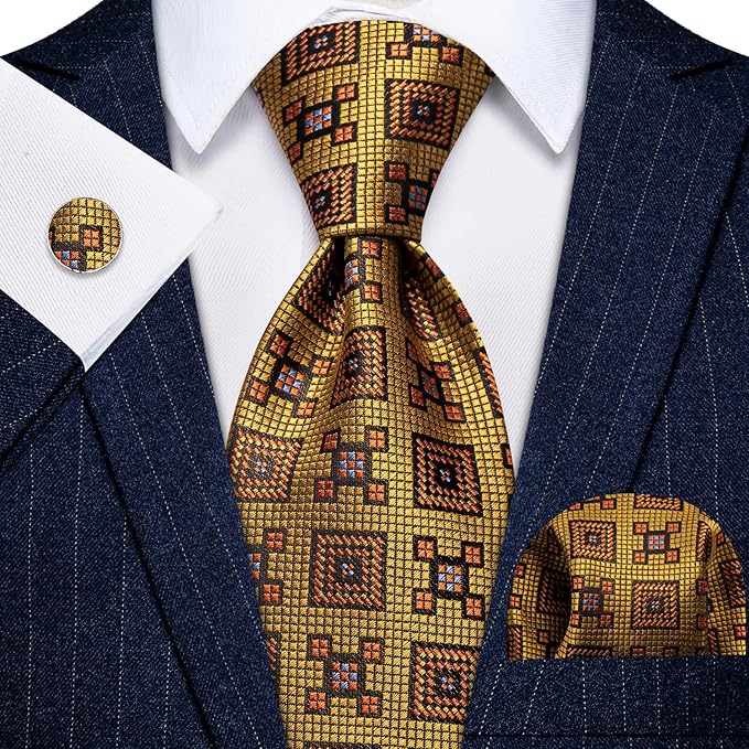 Dluxe Ave. 2.75 Skinny Ties for Men Silk Gold Plaid Tie and Pocket Square Set