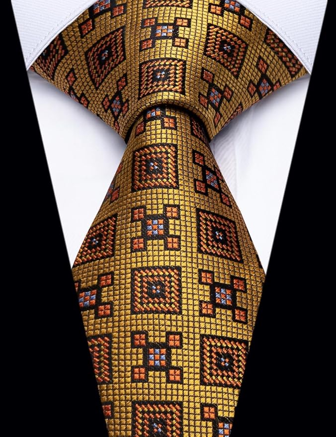 Dluxe Ave. 2.75 Skinny Ties for Men Silk Gold Plaid Tie and Pocket Square Set