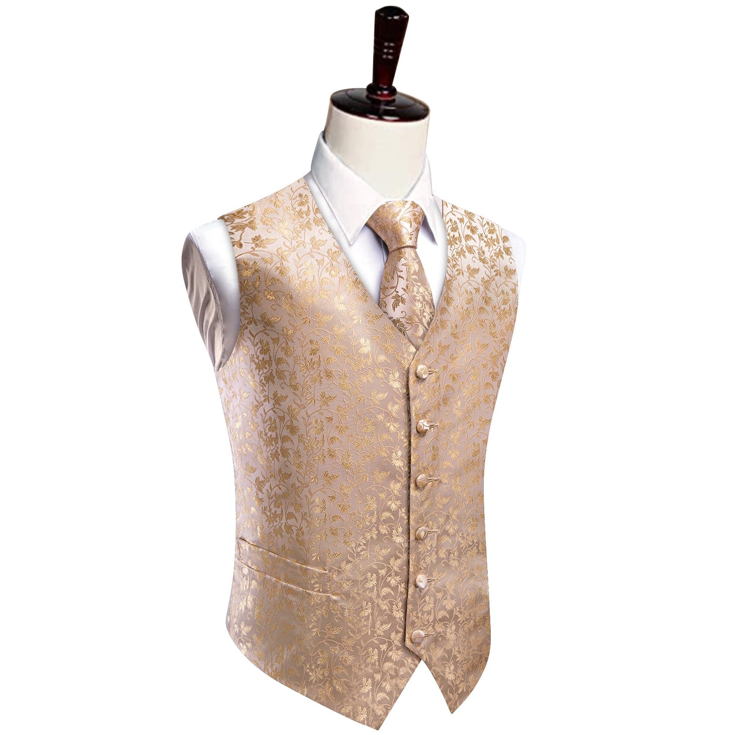 Dluxe Ave. (2X-LARGE) Mens Formal V Neck Waistcoat Tie Pocket Square Cufflinks Set/ Champagne