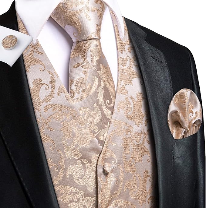 Dluxe Ave. (2X-LARGE) Mens Formal V Neck Waistcoat Tie Pocket Square Cufflinks Set/ Champagne