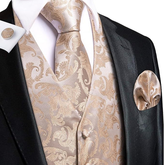 Dluxe Ave. (2X-LARGE) Mens Formal V Neck Waistcoat Tie Pocket Square Cufflinks Set/ Champagne