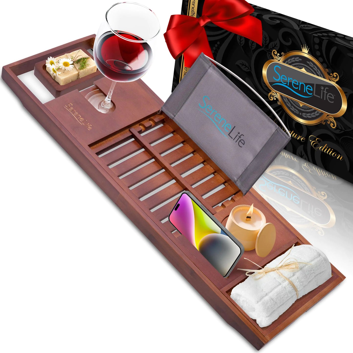 Dluxe Ave. SereneLife Bamboo Bathtub Caddy with Luxury Gift Box and Red Gifting Ribbon Extendable & Adjustable Tray (Stain Brown)
