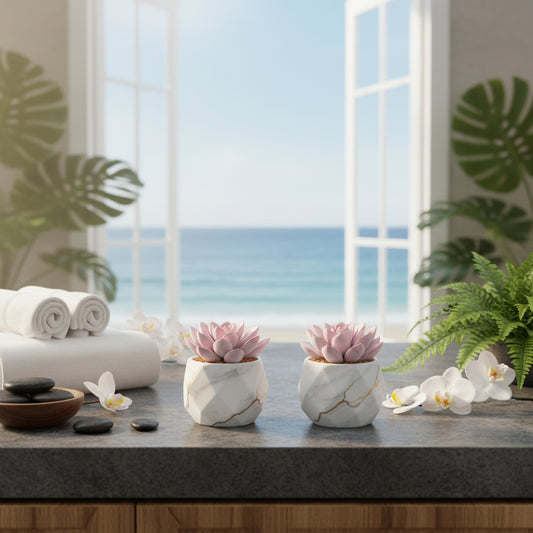 Dluxe Ave. Artificial Succulent Plants/ 2 White Ceramic Pots for Bathroom