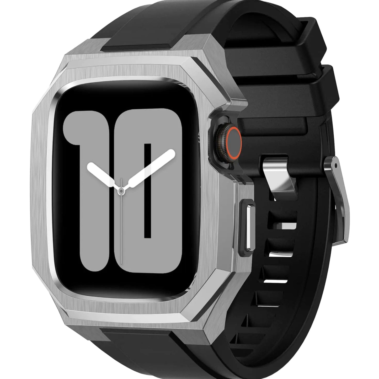 Dluxe Ave. Stainless Steel Protective Case and Fluororubber Band For Apple Watch Band Luxury Cool Mens Shockproof Drop-resistant Watch Case iWatch Series SE2/6/5/4/SE 44mm 9/8/7 45mm Ultra 49mm(45mm-Silver)