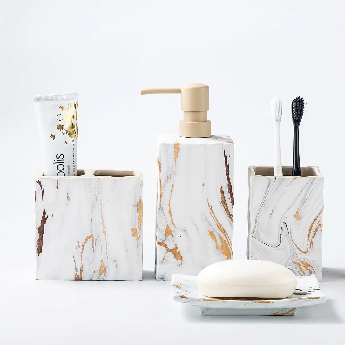 Dluxe Ave. RQYIXI Bathroom Accessories Set 4 Pcs Marble Look Sets Toothbrush Holder Soap Dispenser Gold