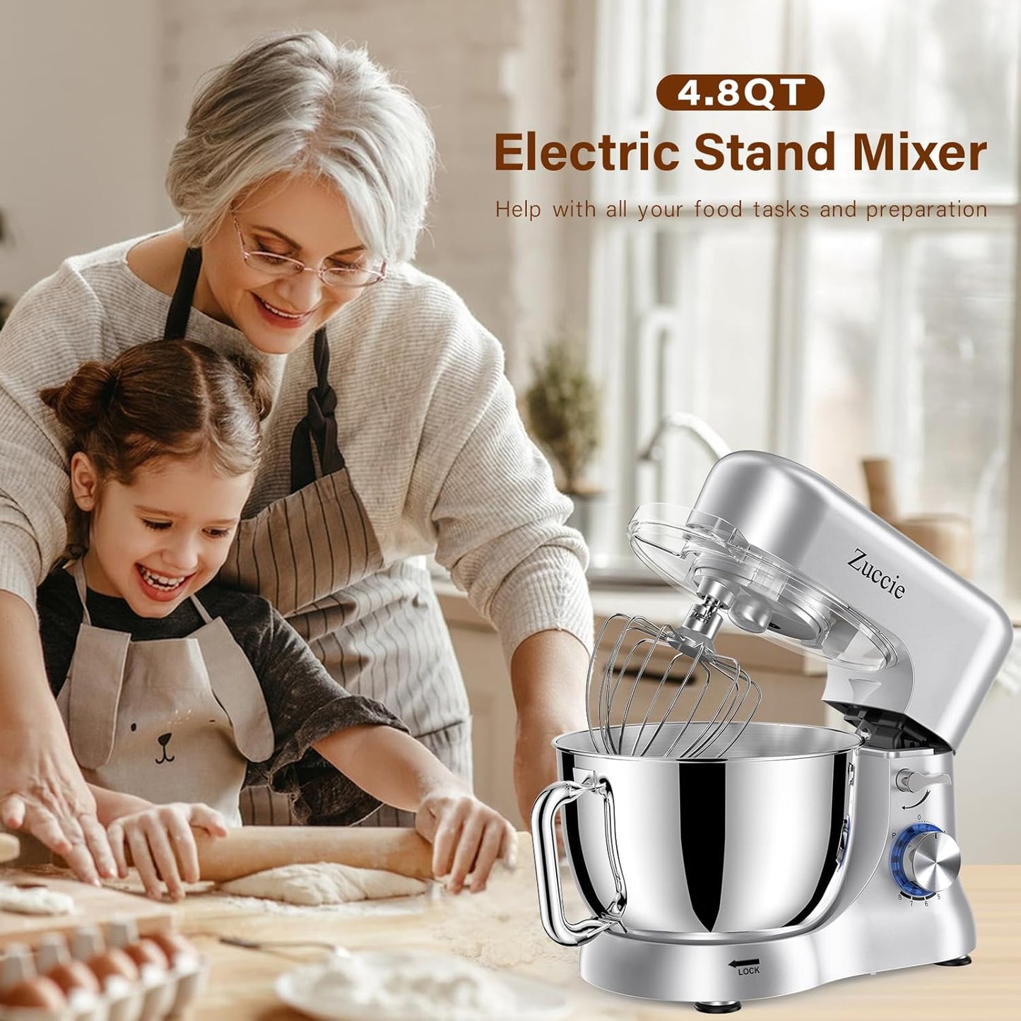 Dluxe Ave. Out of Stock/ SEVEN Stand Dough Mixer with Bowl SS/ 5.5 QT Electric Standing Mixer with Beater Dough Hooks (300W Silver)
