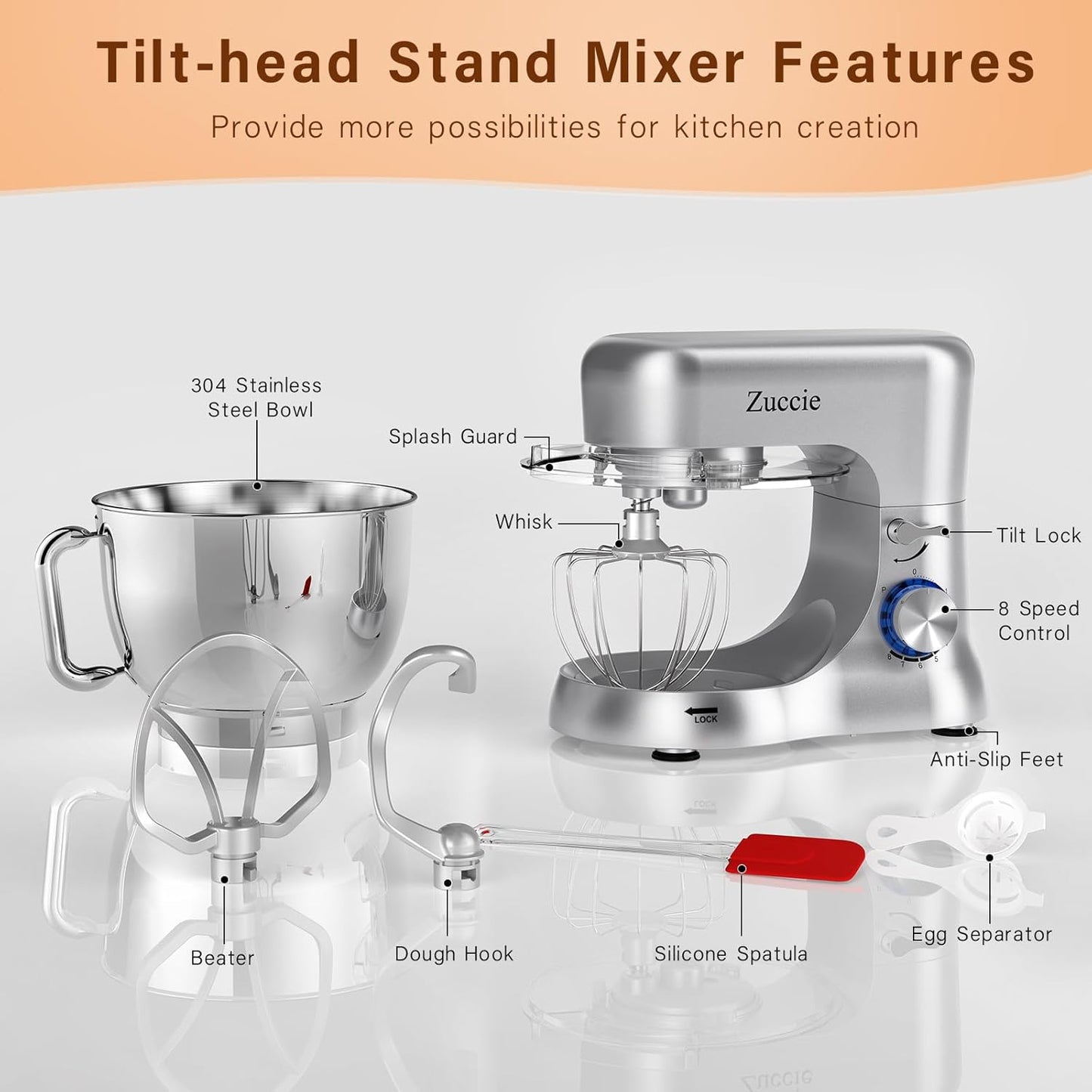 Dluxe Ave. Out of Stock/ SEVEN Stand Dough Mixer with Bowl SS/ 5.5 QT Electric Standing Mixer with Beater Dough Hooks (300W Silver)