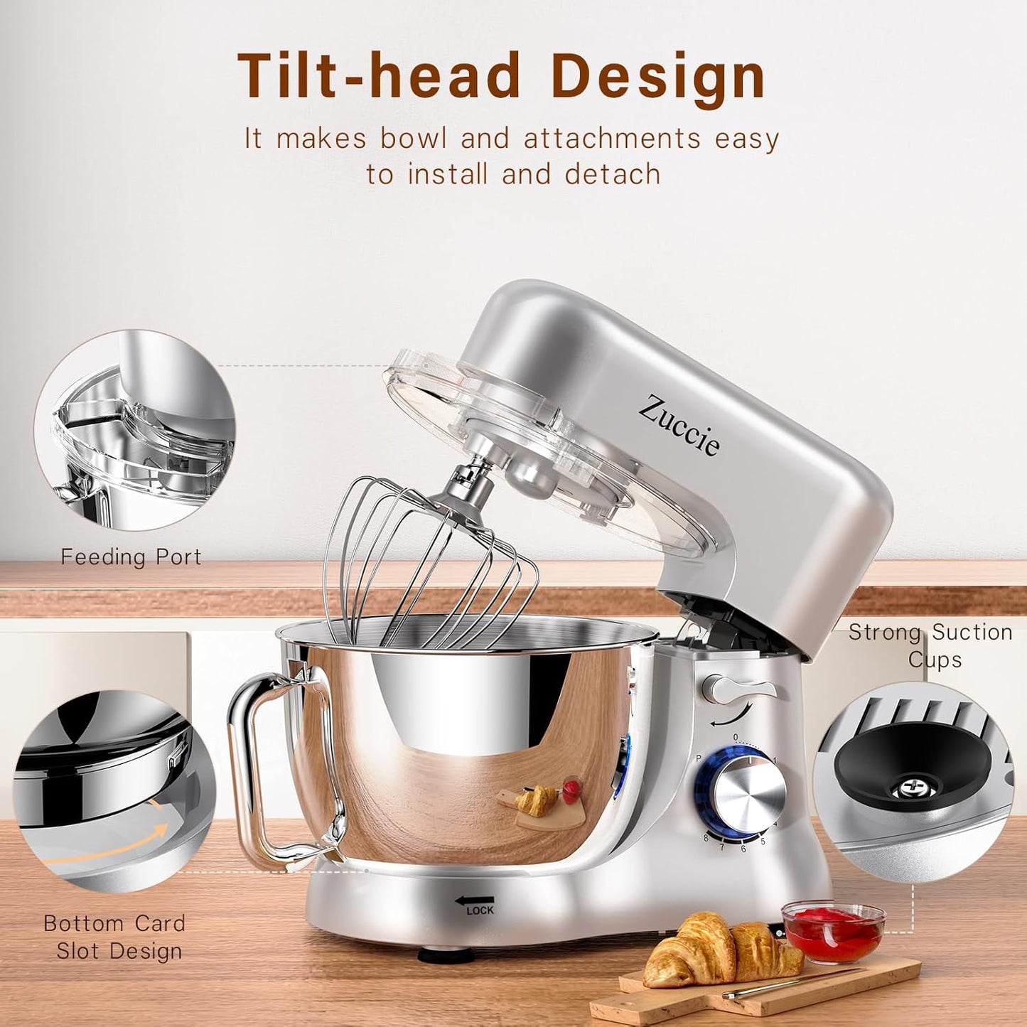 Dluxe Ave. Out of Stock/ SEVEN Stand Dough Mixer with Bowl SS/ 5.5 QT Electric Standing Mixer with Beater Dough Hooks (300W Silver)