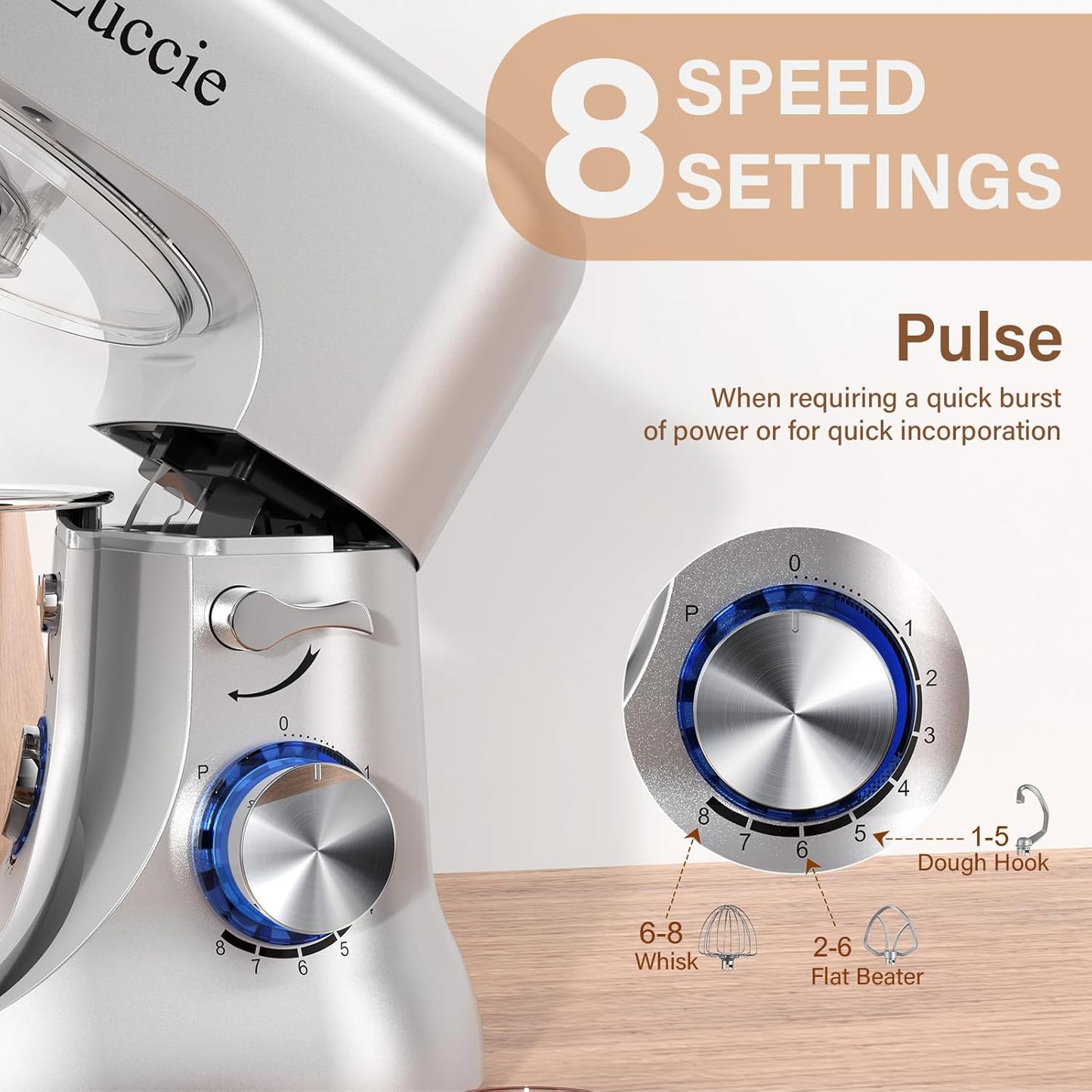 Dluxe Ave. Out of Stock/ SEVEN Stand Dough Mixer with Bowl SS/ 5.5 QT Electric Standing Mixer with Beater Dough Hooks (300W Silver)