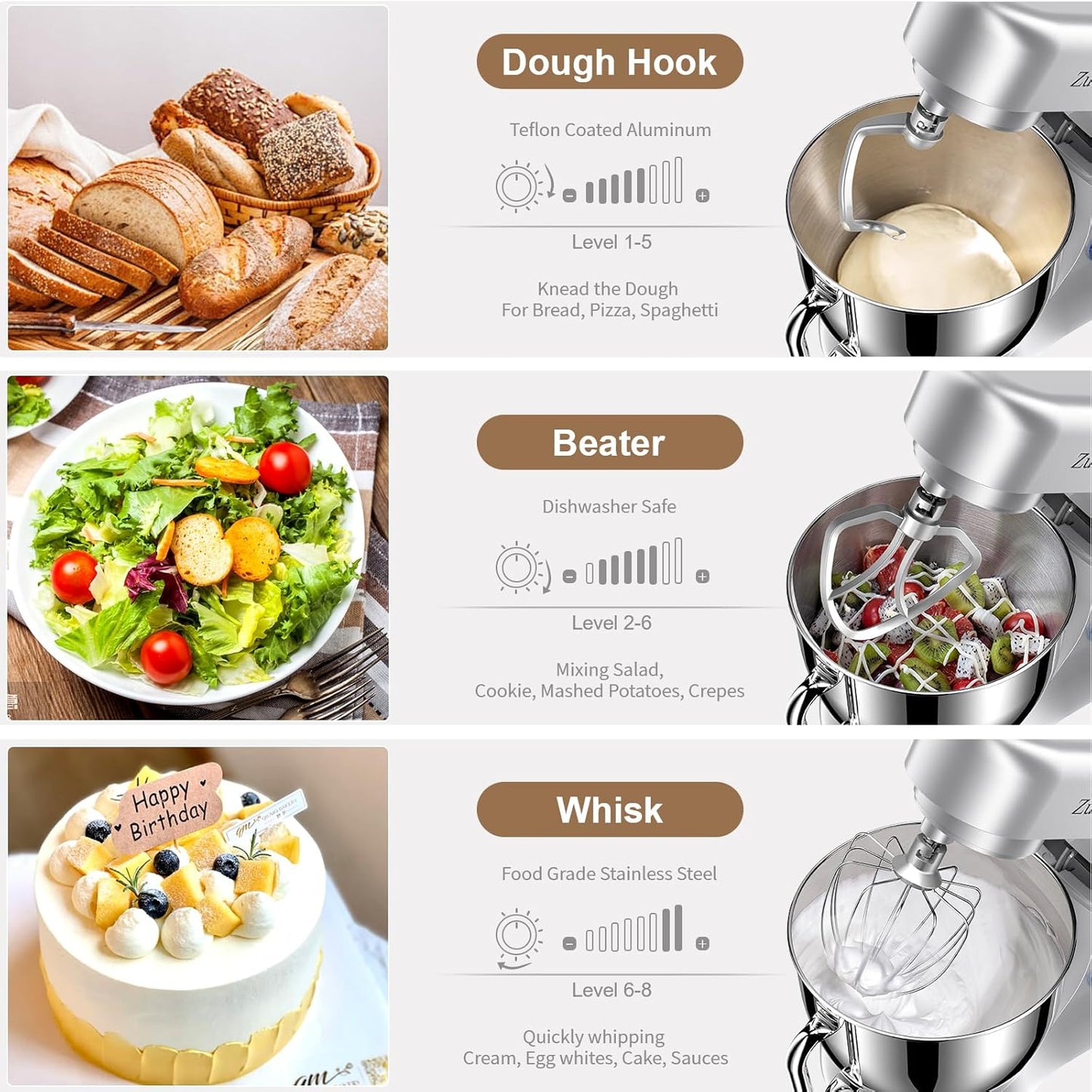 Dluxe Ave. Out of Stock/ SEVEN Stand Dough Mixer with Bowl SS/ 5.5 QT Electric Standing Mixer with Beater Dough Hooks (300W Silver)