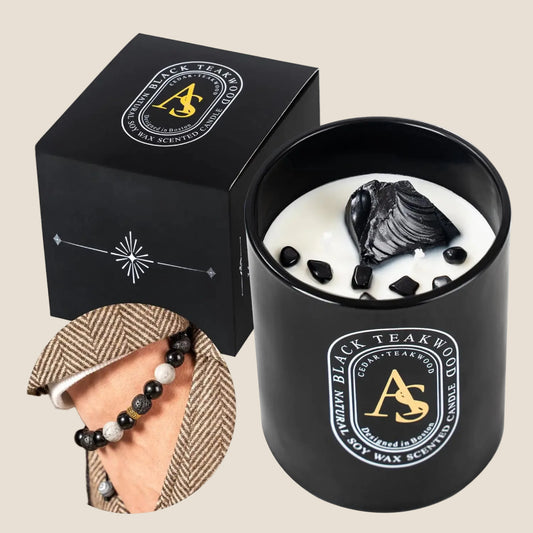 Dluxe Ave. Luxurious Obsidian Bracelet/ Teakwood/ Natural Soy Wax/ Stress Relief, Masculine/ Crystals