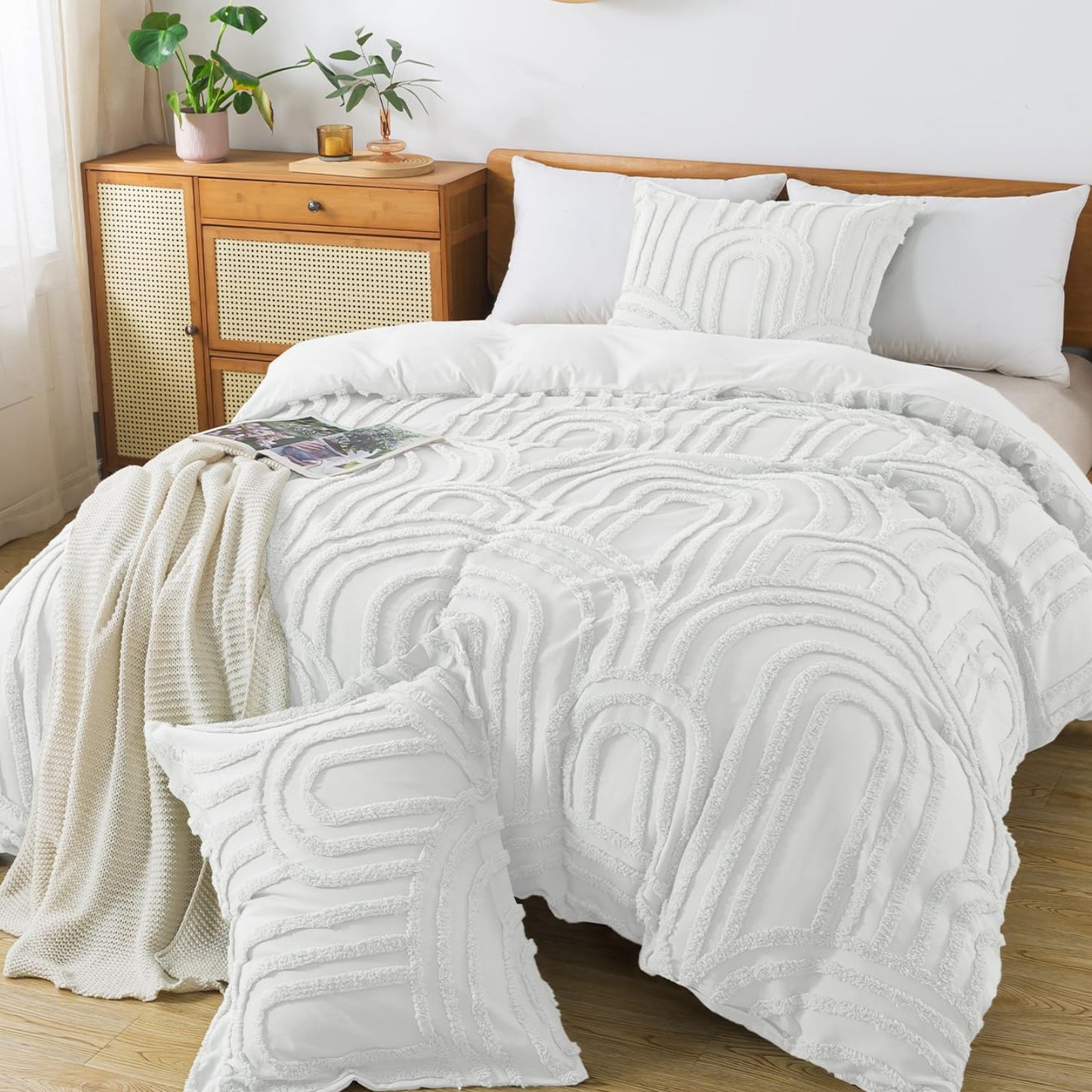 Dluxe Ave. ( TWIN ) 2 Pcs Boho {Duvet Cover} Tufted Bedding Set/ All Seasons Soft Shabby Chic Embroidery/ White