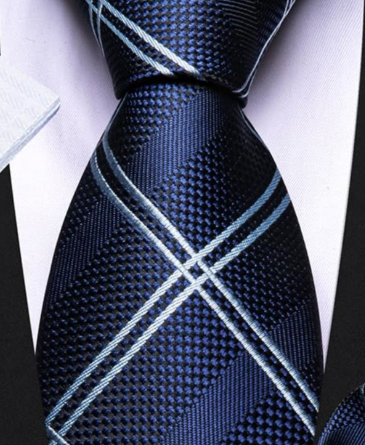 Dluxe Ave. Mens Striped Plaid Blue Black Skinny Necktie Handkerchief & Cuff Links