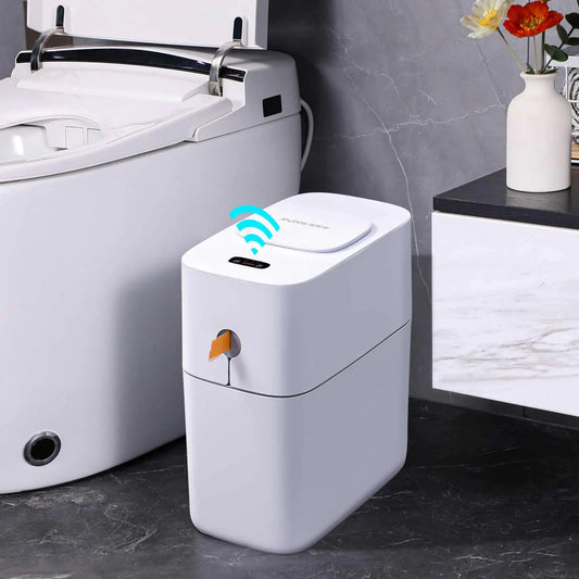 Dluxe Ave. MOPUP Touchless Bathroom Trash Can Automatic Garbage Can for BedroomOffice Motion Sensor Trash Bin3.5 Gallon Dogproof Plastic Slim Wastebasket for Toilet RVLiving Room White