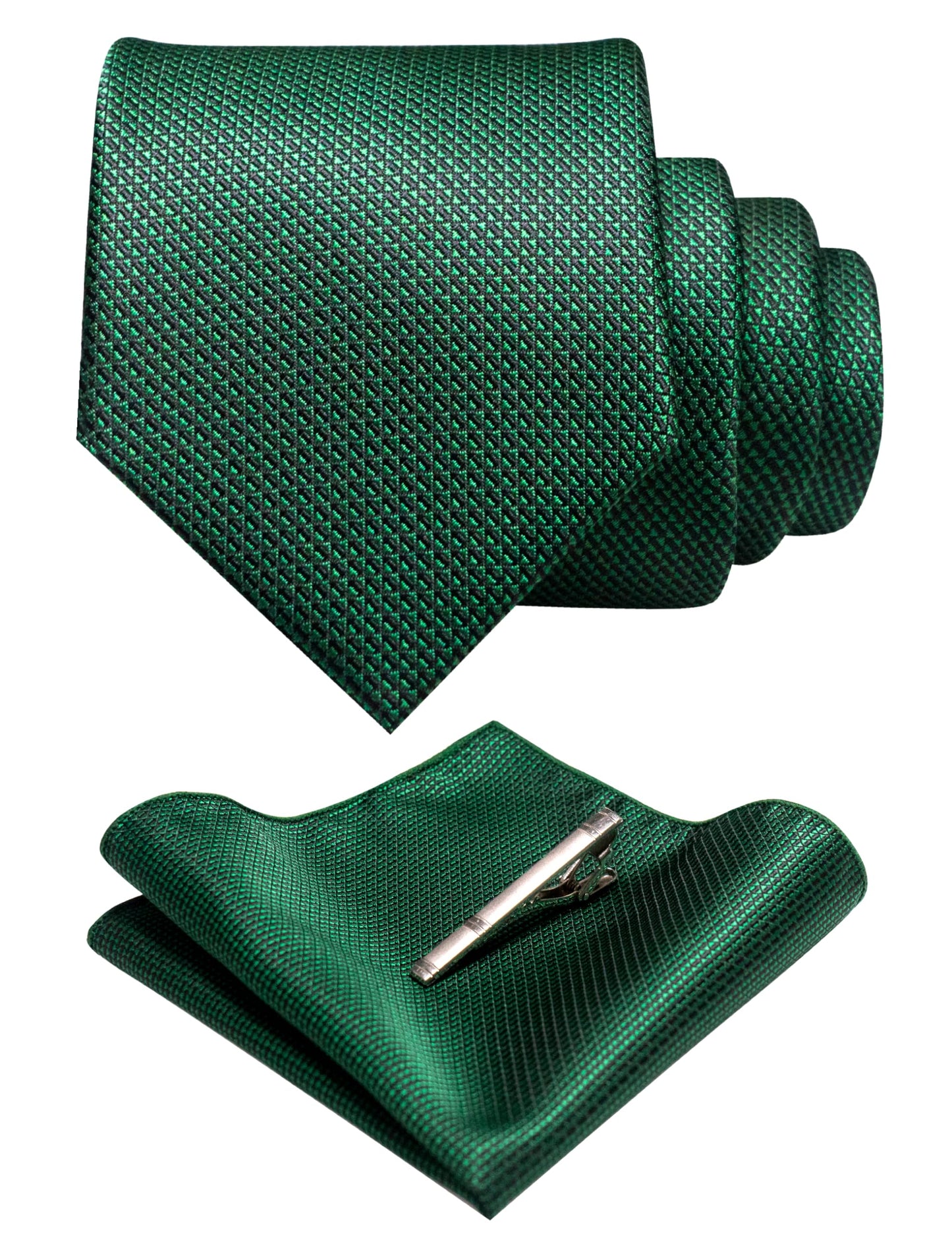 Dluxe Ave. Mens Woven Emerald Green Tie and Pocket Square with Tie Bar Sets