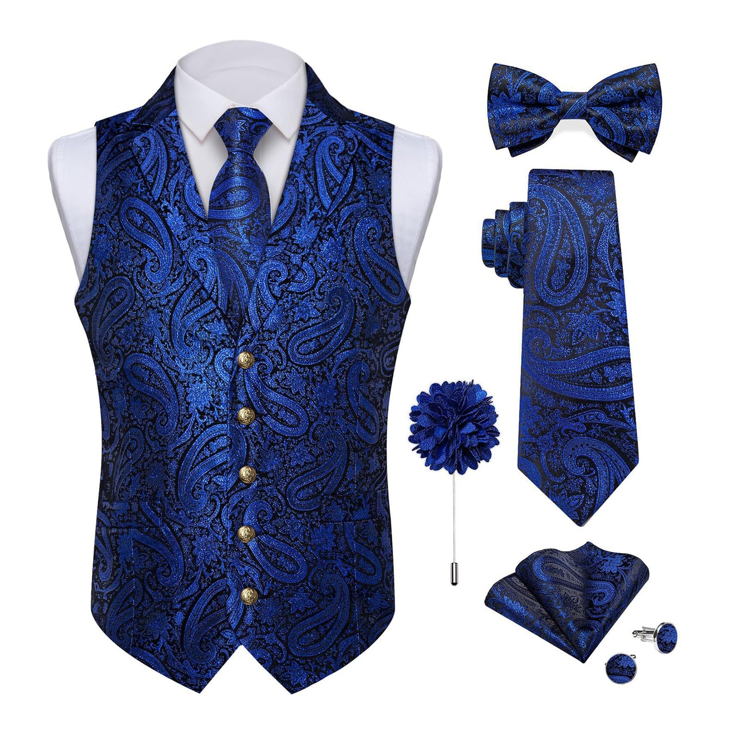 Dluxe Ave. (3X-LARGE)  Silk Paisley Vest/  Waistcoat and Necktie Bowtie Lapel Pin Set 7PCS/  Royal Blue