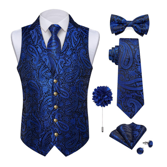 Dluxe Ave. (3X-LARGE)  Silk Paisley Vest/  Waistcoat and Necktie Bowtie Lapel Pin Set 7PCS/  Royal Blue
