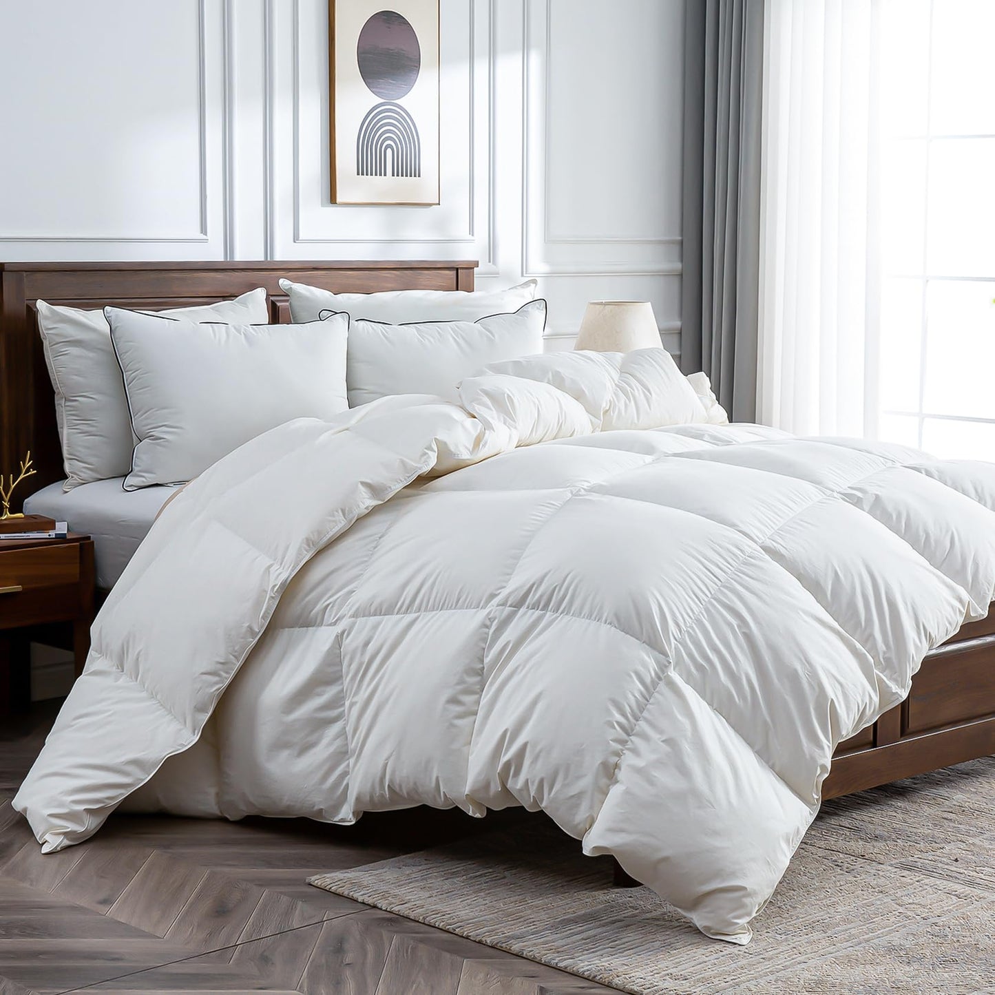 Dluxe Ave. ( QUEEN ) Feather Down Fibers Comforter, Oversized Luxury, All Season Duvet Insert with Feather Down/ White