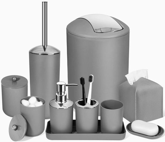 Dluxe Ave. ALPIRIRAL Grey Bathroom Accessories Set 10Pcs Bathroom Accessory Set with Trash Can