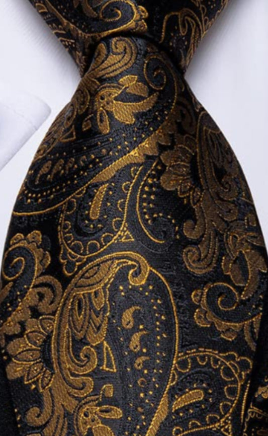 Dluxe Ave.  Black Brown Mens Tie Paisley Silk Necktie Set with Pocket Square Cufflinks Formal Ties