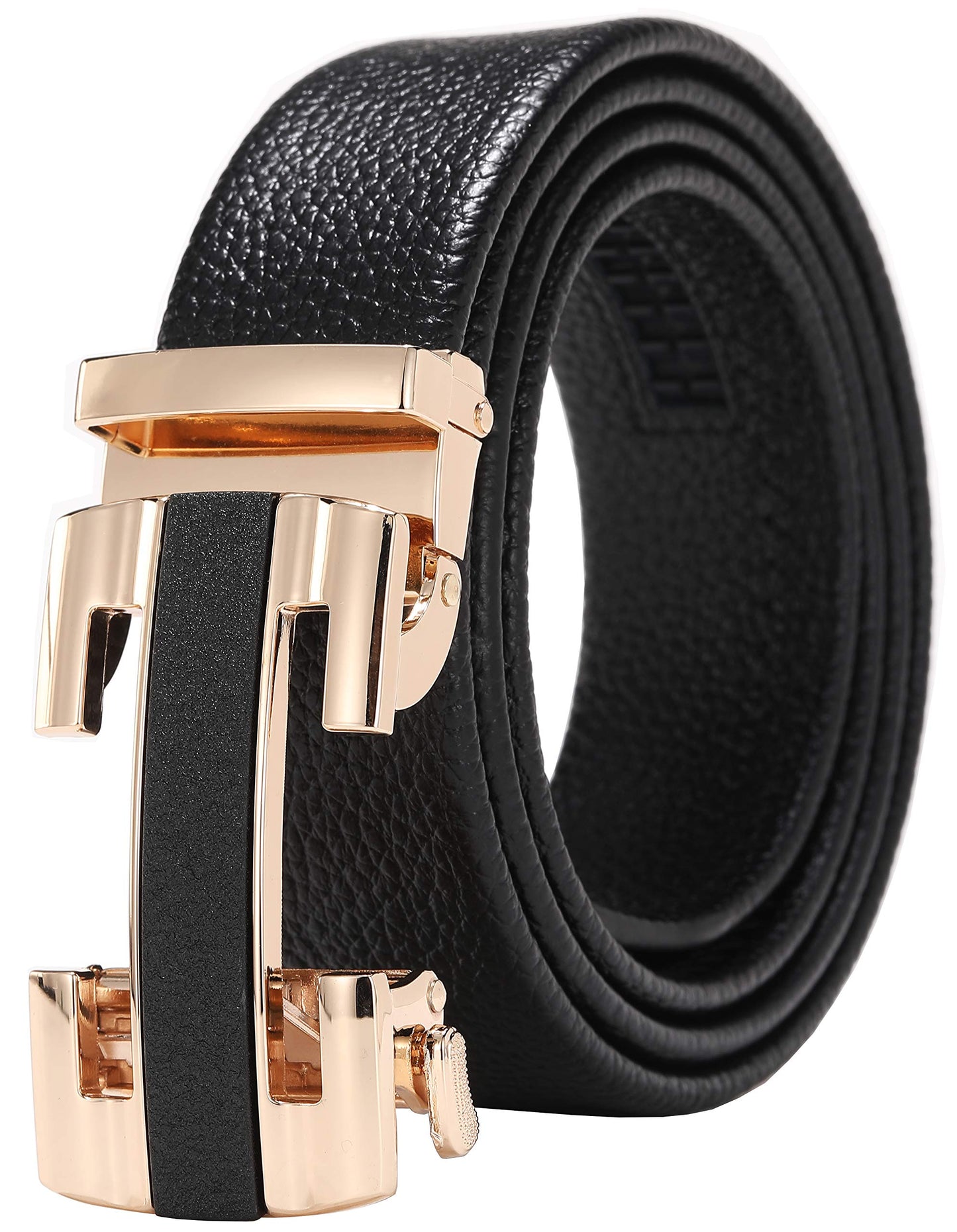 Dluxe Ave. Mens Classic Fashion Automatic Buckle Design Leather Belt Business Belt (H-Gold 120cm/47.3inch(Fit 26-44)(Can be cut))