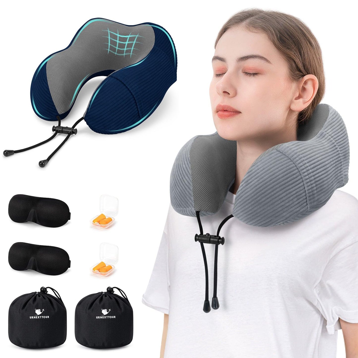 Dluxe Ave. Travel Pillow for Airplane Foam Neck Pillows/ 2 Pack / Grey & Blue
