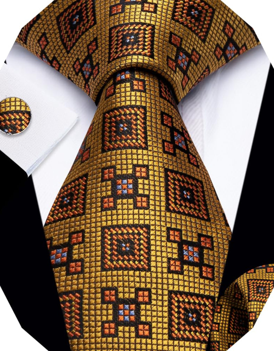 Dluxe Ave. 2.75 Skinny Ties for Men Silk Gold Plaid Tie and Pocket Square Set