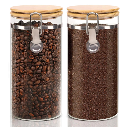 Dluxe Ave. EQEY Glass Storage Jars Set Elegant Containers with Airtight Bamboo Lids Perfect for Kitchen Organization - Flour Rice Pasta Sugar Coffee Beans Accessories Included (Coffee Jar x 2)