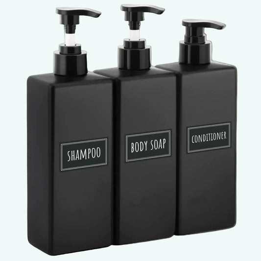Dluxe Ave. Refillable Shampoo and Conditioner Bottles with Labels/ 500ml Square (Matte Black) 3 Pack 16.9oz