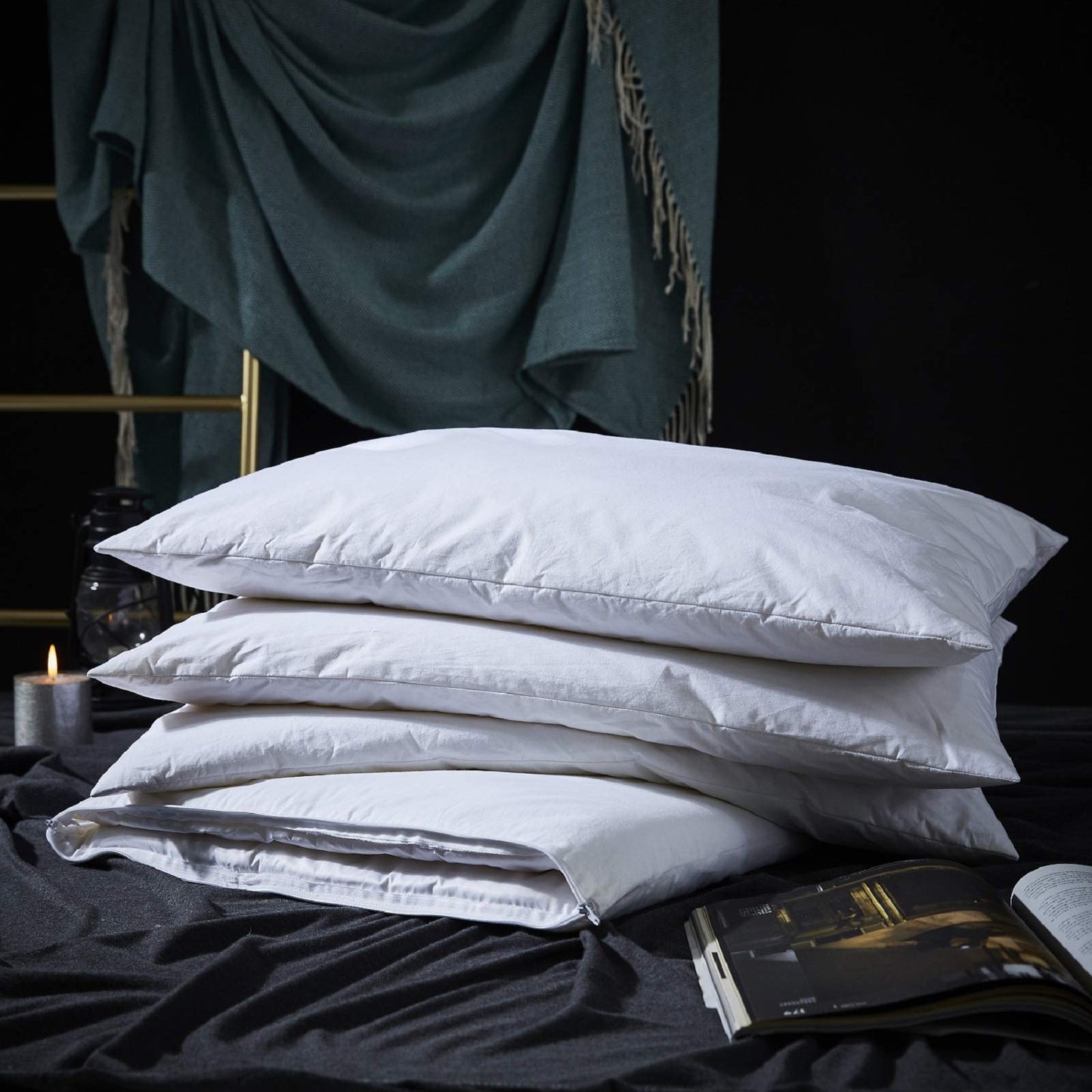 Dluxe Ave. ( QUEEN ) Three Geese Adjustable Layer Goose Feather Pillow, { SOFT } 100% Soft Cotton Cover 1 Pillow.