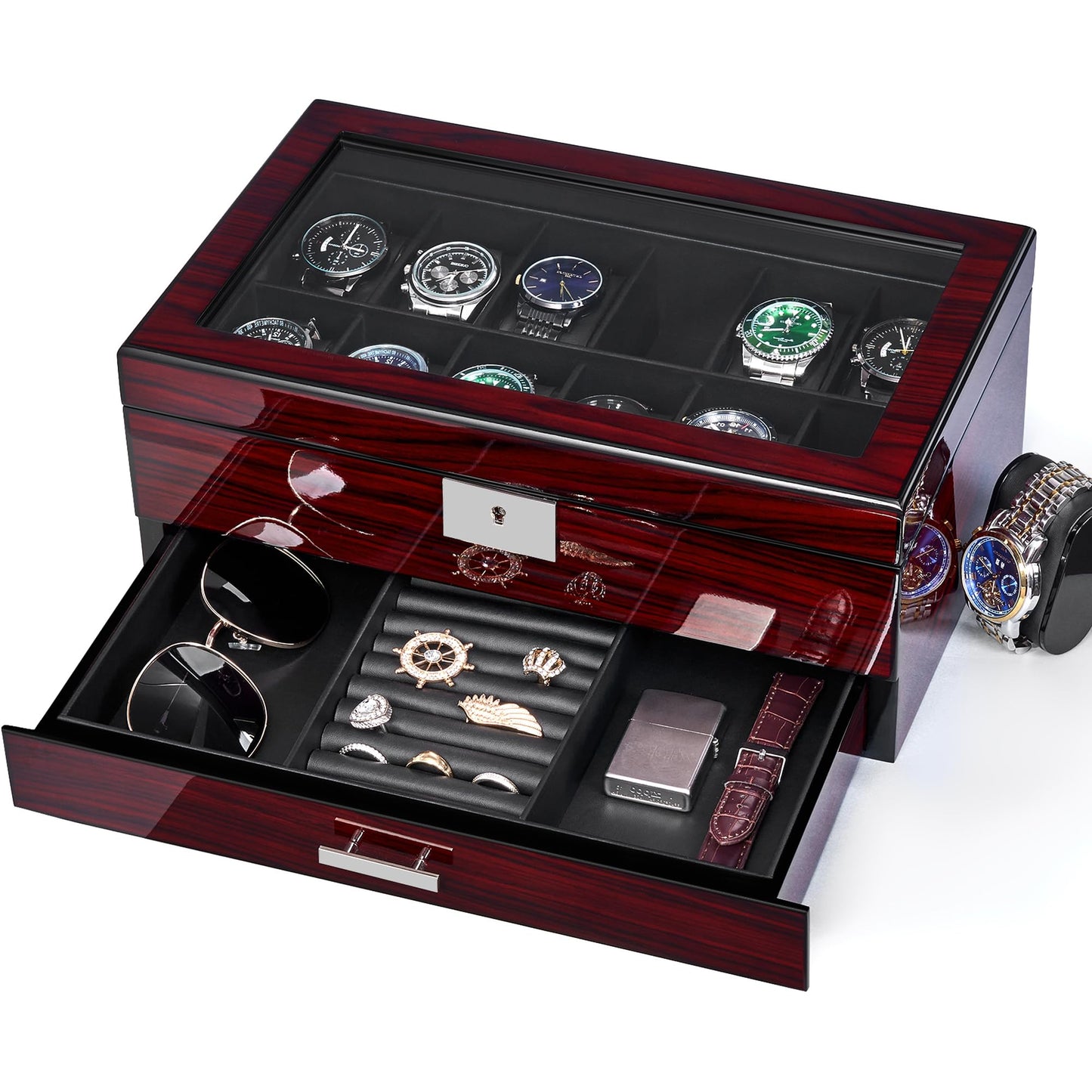 Dluxe Ave. 12 Slot Watch Cases for Men Watch Box with Large Lid Jewelry Box with Watch Storage
