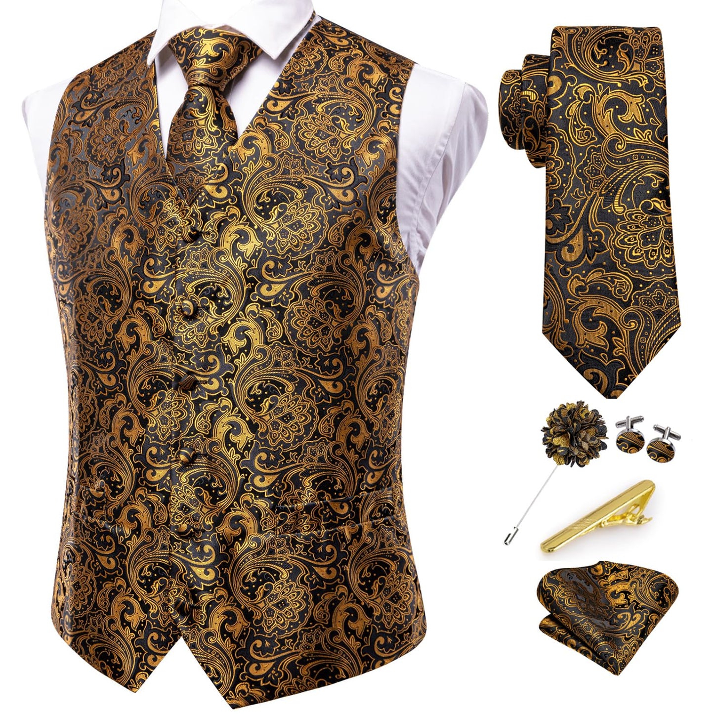 Dluxe Ave. (X-LARGE) Mens Floral Paisley Waistcoat and Tie with Lapel Pin Clip Set/ Vest Neckties for Tuxedo/ Black Gold