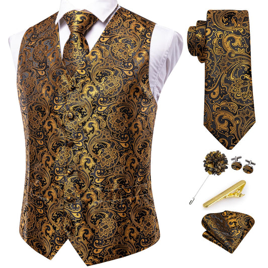 Dluxe Ave. (X-LARGE) Mens Floral Paisley Waistcoat and Tie with Lapel Pin Clip Set/ Vest Neckties for Tuxedo/ Black Gold