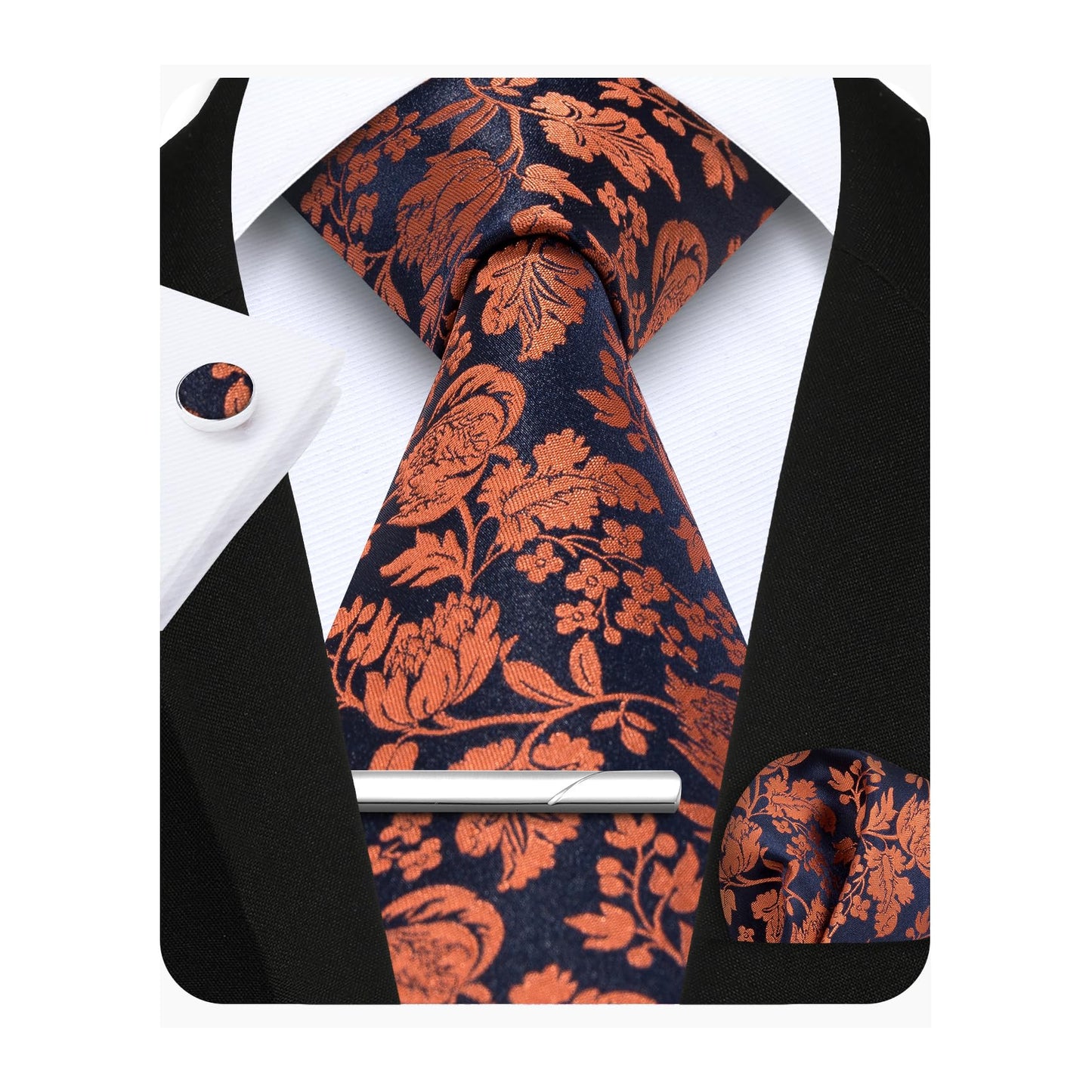 Dluxe Ave. Burnt Orange Tie Black Ties for Men Silk Mens Tie Floral Necktie with Pocket Square Cufflinks Tie Clip Set 4PCS