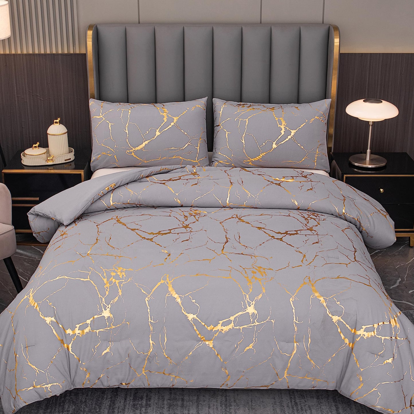 Dluxe Ave. ( KING ) 3 Pcs Comforter Bedding Set/ Grey & Gold Mable