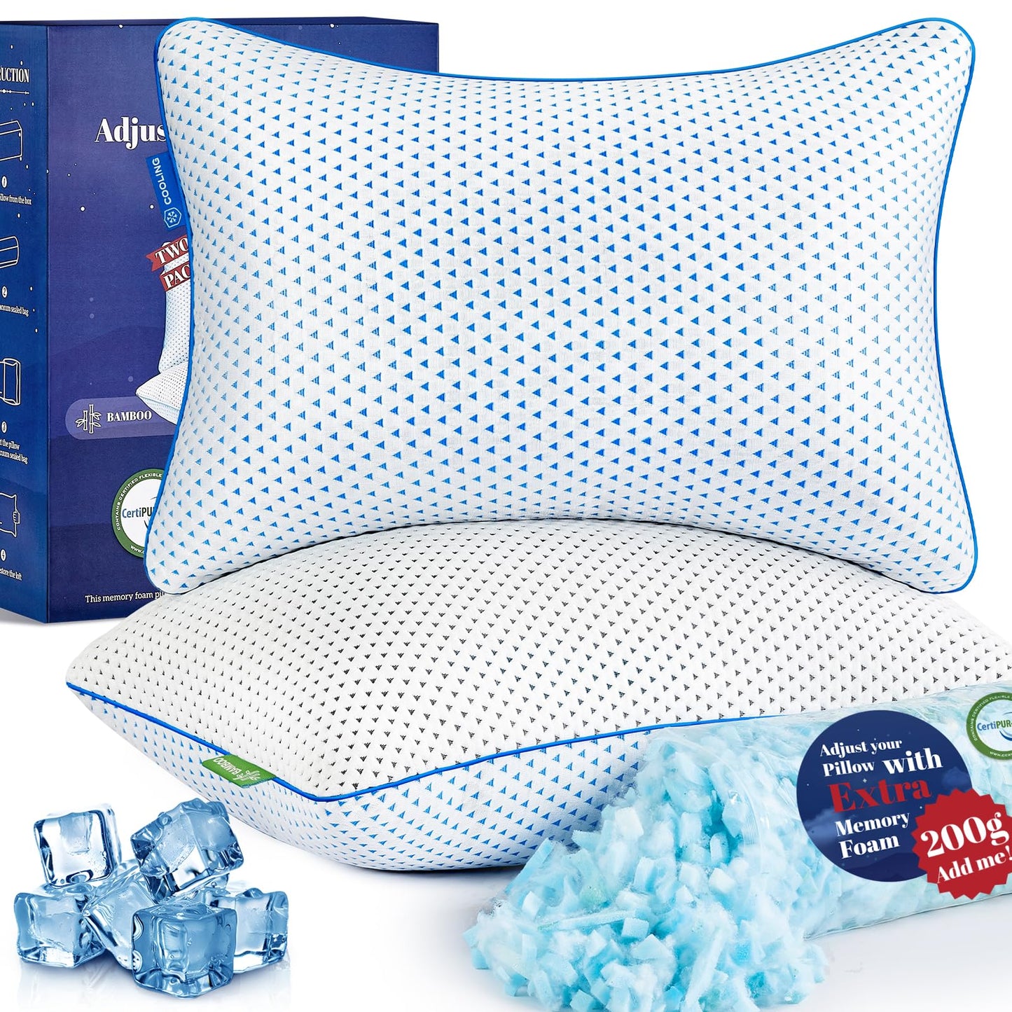 Dluxe Ave. ( STANDARD/ FULL )Cooling Gel Memory foam Pillows, { SOFT TOUCH/ ADJUST. FIRM SUPPORT }  Set of 2, Luxury Hotel Quality