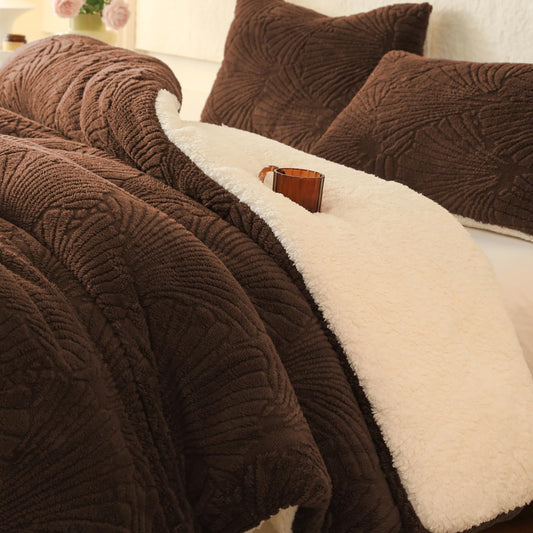 Dluxe Ave. ( KING ) 3 Pcs Seashell Jacquard Sherpa Comforter Set, Warm Cozy Premium Bedding/ Coffee