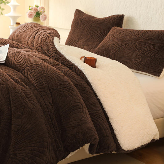 Dluxe Ave. ( KING ) 3 Pcs Seashell Jacquard Sherpa Comforter Set, Warm Cozy Premium Bedding/ Coffee