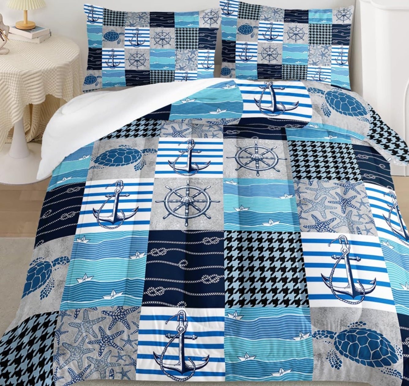 Dluxe Ave. ( QUEEN ) 3 Pcs Comforter and Bedding Set, Blue Ocean Beach